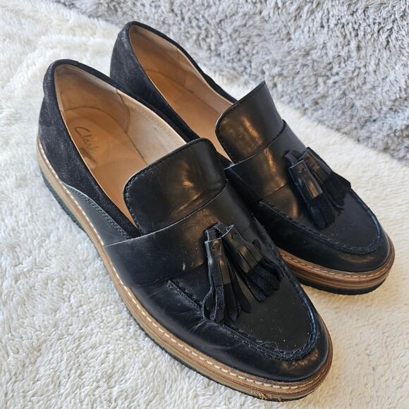 NEW Clarks Women's Zante Spring Leather Tasseled Slip On Loafers Size 9.5M Black - Picture 1 of 8
